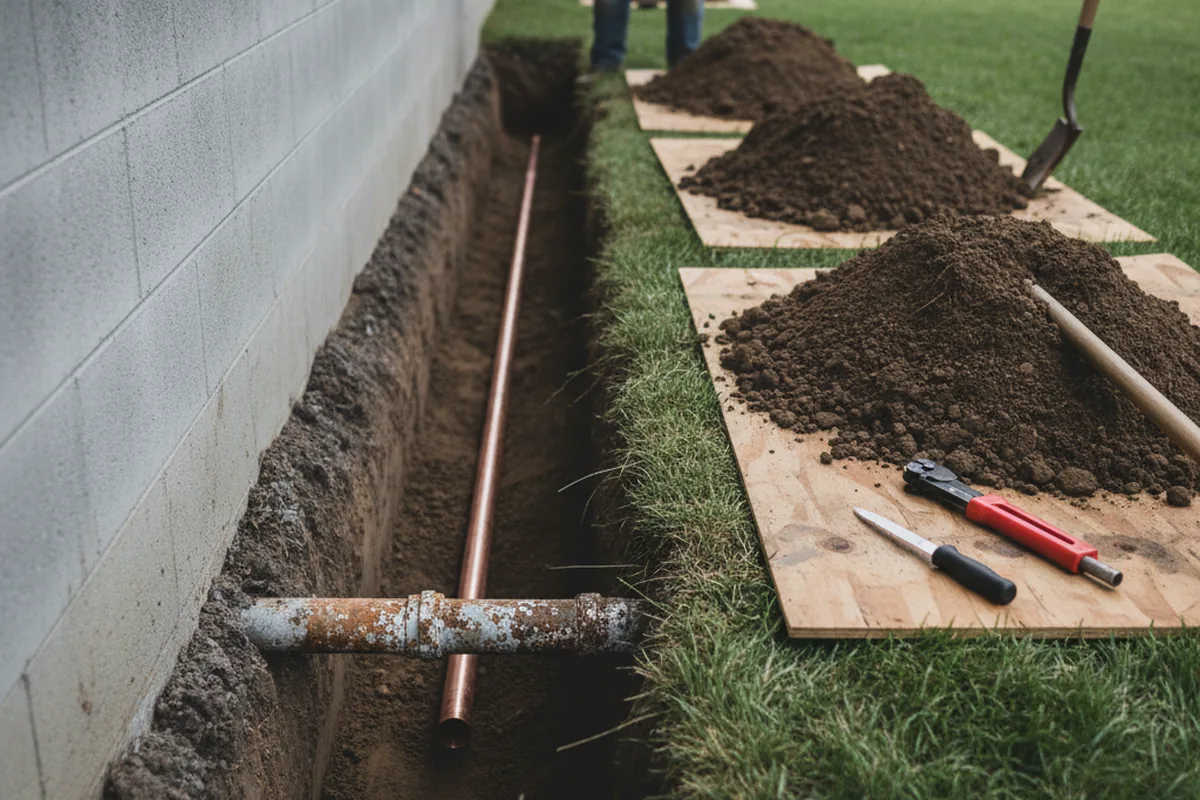 Excavated water line trench during Water Softener Installation in Orange City